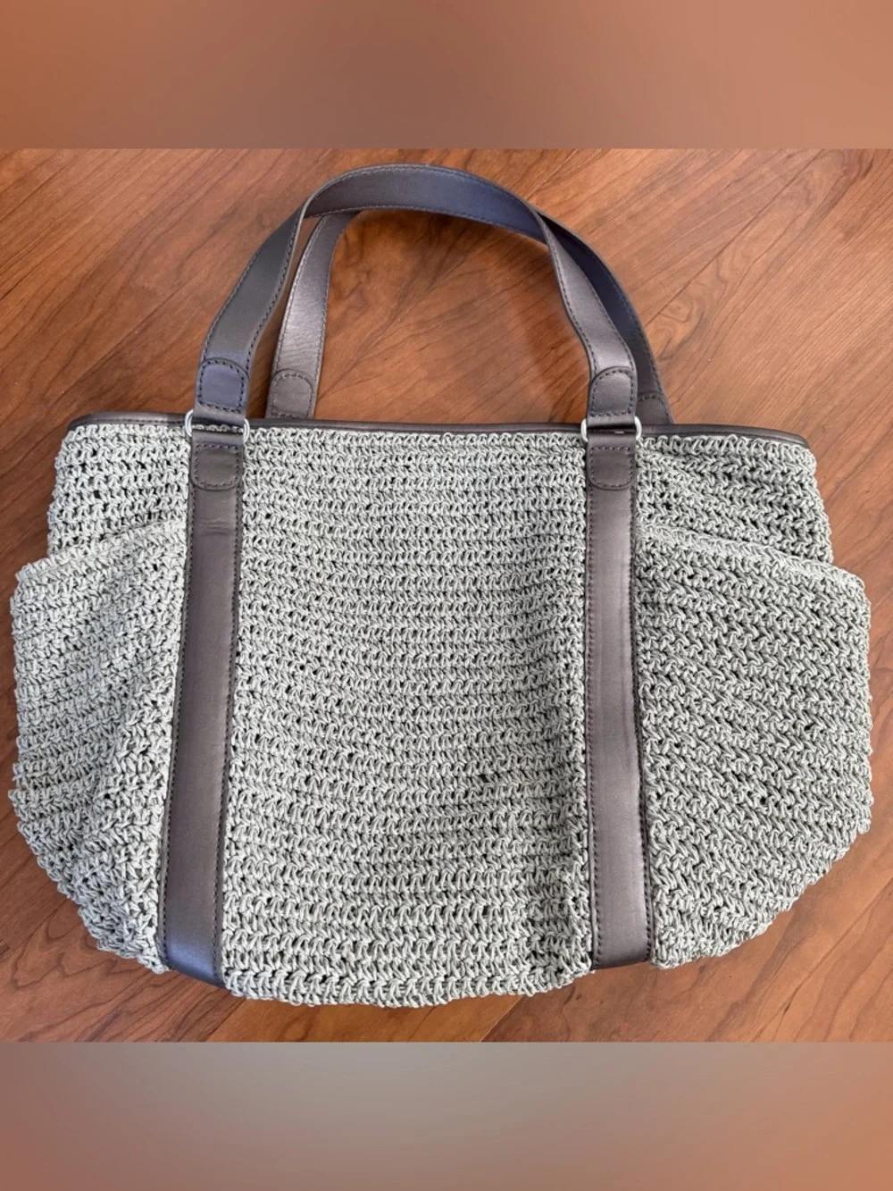 Brighton Aria Anju XLStraw Woven Leather‎ Carryall Pewter Gray Tote Shoulder Bag